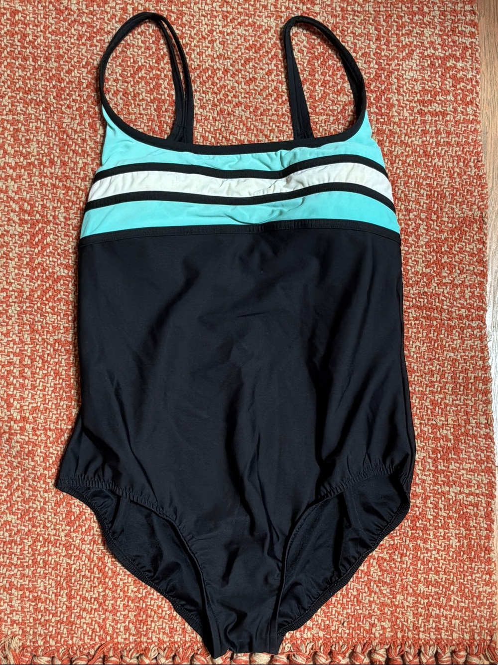 Women’s Black One-Piece Swimsuit with Aqua and White Stripes 18W